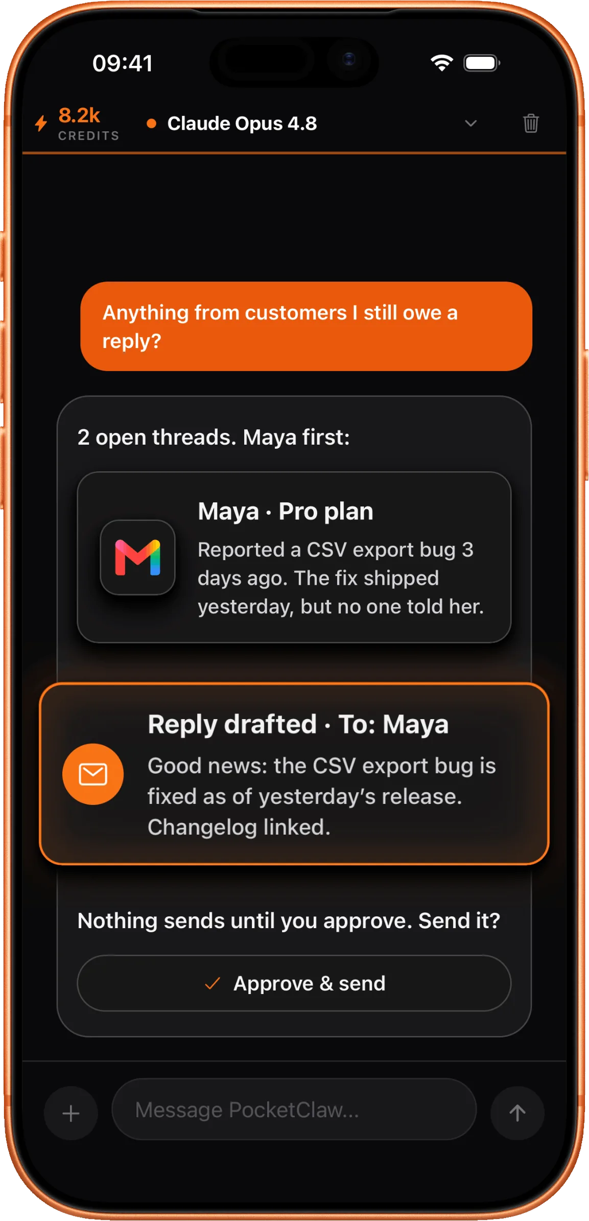 PocketClaw on iPhone triaging customer email with a drafted reply awaiting approval.