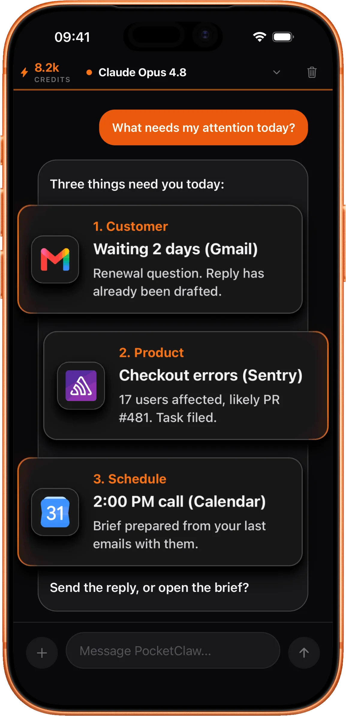 PocketClaw morning brief on iPhone: the three things that need attention today, with a pre-drafted reply.