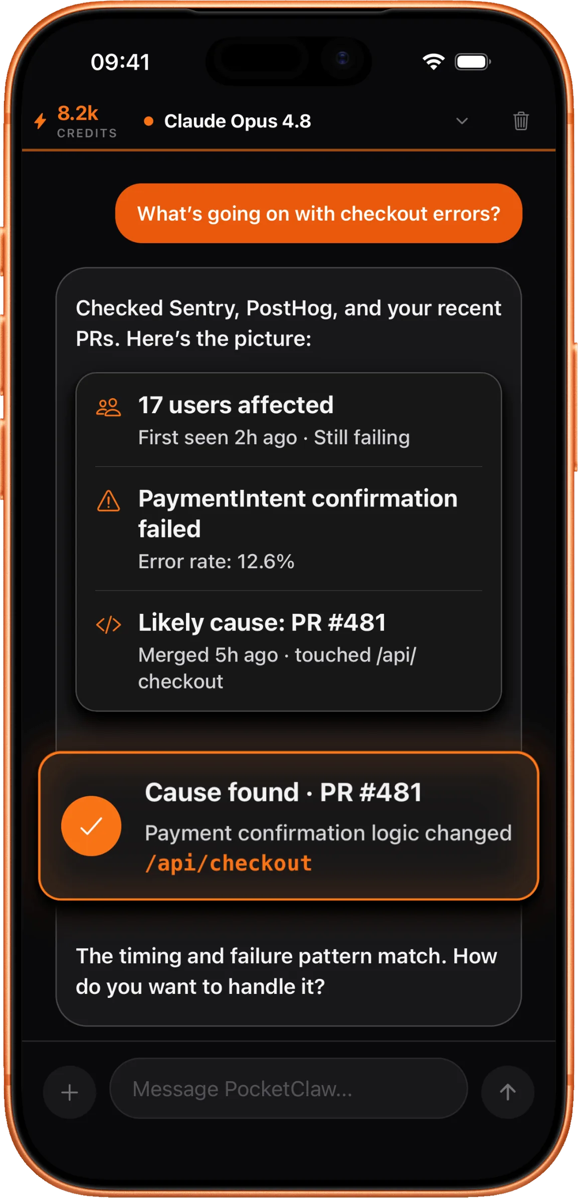 PocketClaw on iPhone tracing a customer bug report to its root cause, PR #481, with the fix task filed.